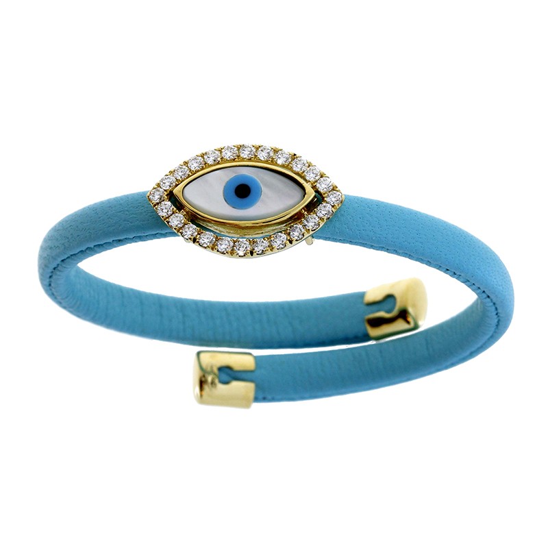18K Turquoise Leather Bracelet with Mother-of-Pearl Evil Eye